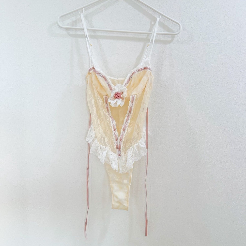 Vintage Lace Coquette Cottagecore Mermaidcore Fairy Bow Lace‎ Bodysuit S